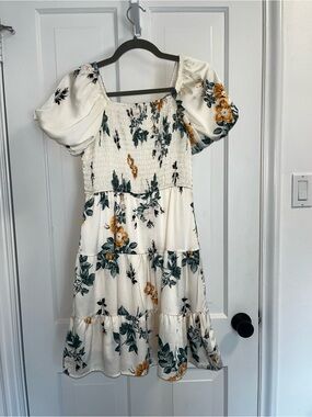 Girls Cream Floral Puff-Sleeve Smocked Dress